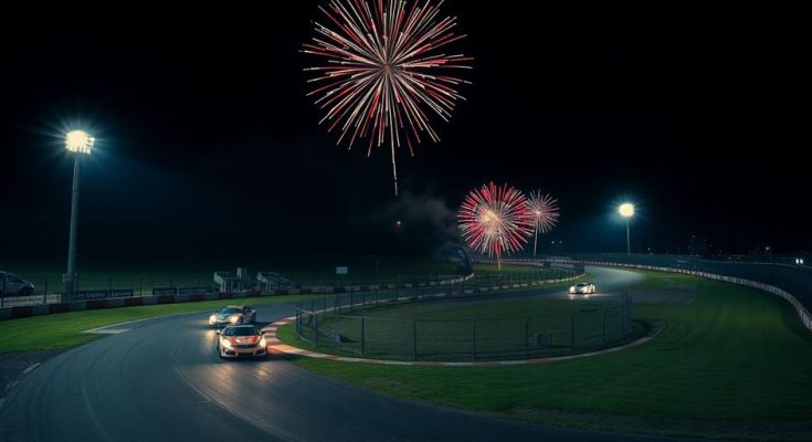 Course automobile avec feux d'artifice.