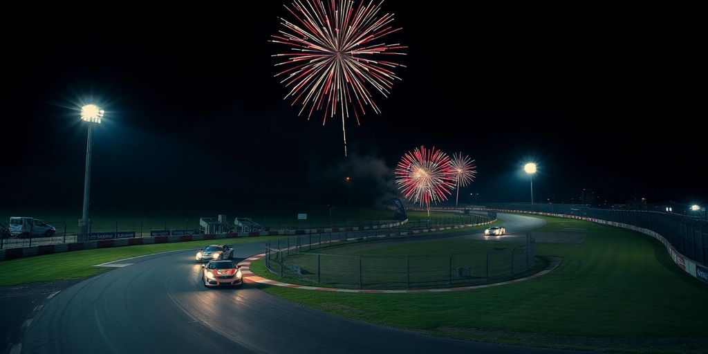 Course automobile avec feux d'artifice.