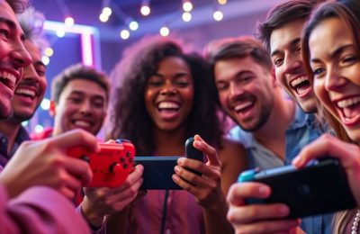 Gamers heureux jouant à la Nintendo Switch 2.