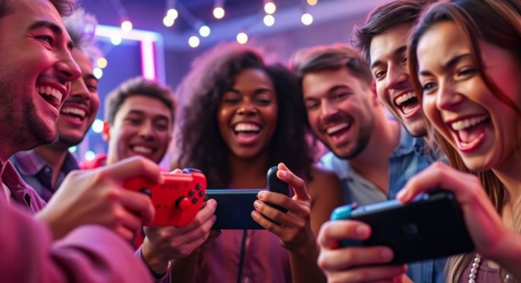 Gamers heureux jouant à la Nintendo Switch 2.