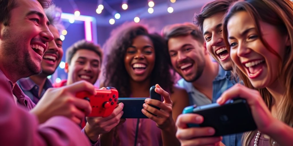 Gamers heureux jouant à la Nintendo Switch 2.