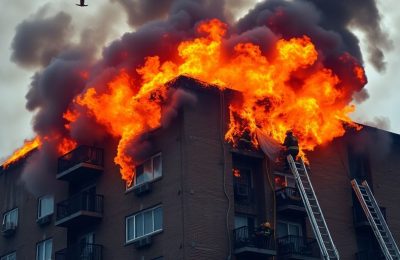 Immeuble en feu avec des flammes et de la fumée