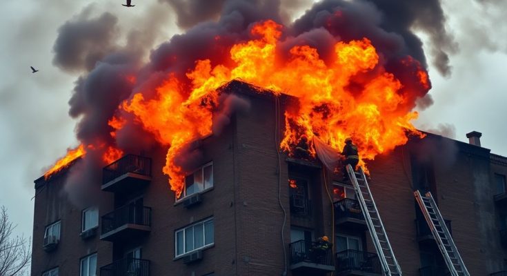 Immeuble en feu avec des flammes et de la fumée