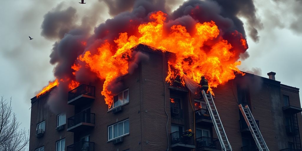 Immeuble en feu avec des flammes et de la fumée