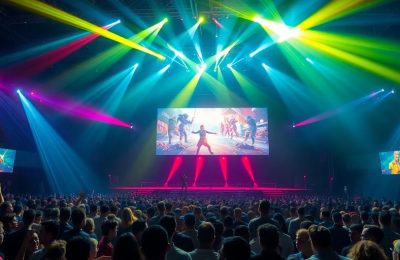 Scène lumineuse de jeux vidéo avec des projecteurs et des écrans.