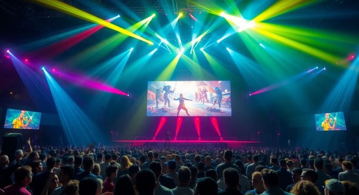 Scène lumineuse de jeux vidéo avec des projecteurs et des écrans.
