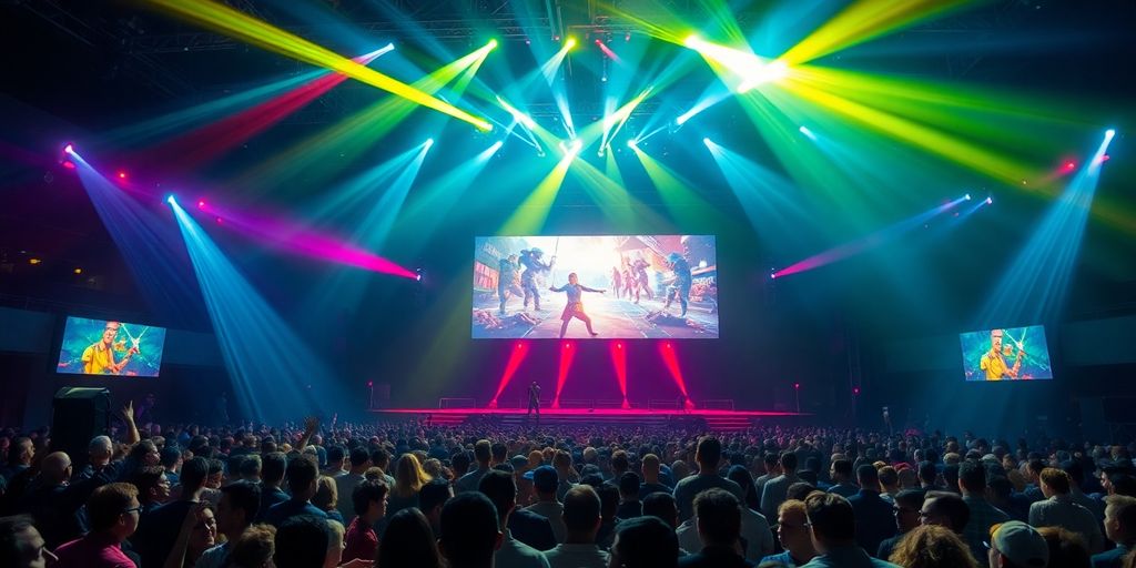 Scène lumineuse de jeux vidéo avec des projecteurs et des écrans.