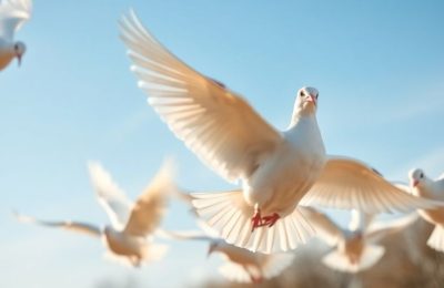 Des colombes blanches s'envolant sous un ciel printanier ensoleillé.