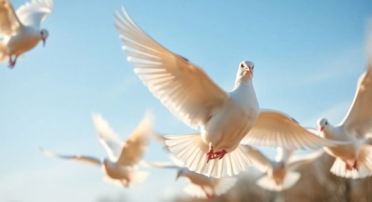 Des colombes blanches s'envolant sous un ciel printanier ensoleillé.
