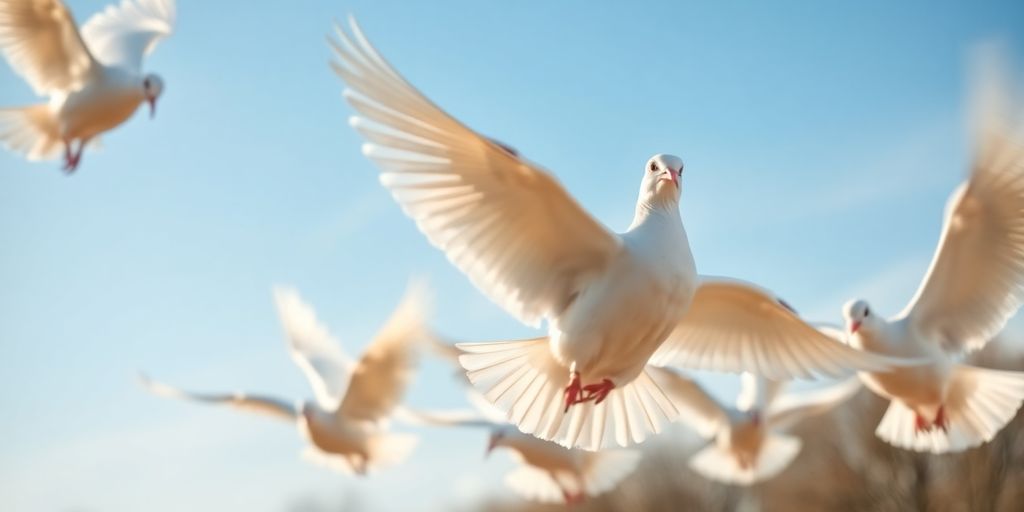 Des colombes blanches s'envolant sous un ciel printanier ensoleillé.