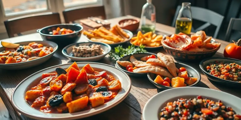 Plats marseillais colorés variés sur table en bois