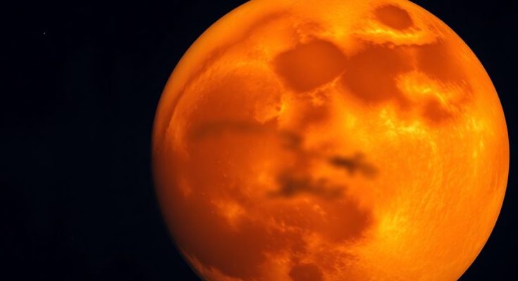 Pleine lune orange fraise sur fond de nuit étoilée.
