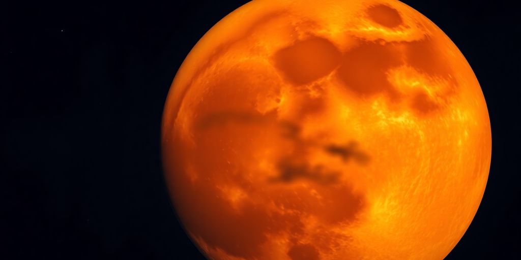 Pleine lune orange fraise sur fond de nuit étoilée.