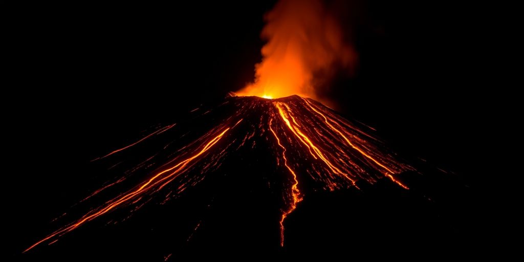 Éruption volcanique nocturne avec lave orange incandescente
