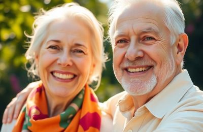 Couple senior souriant célébrant l'été en plein air