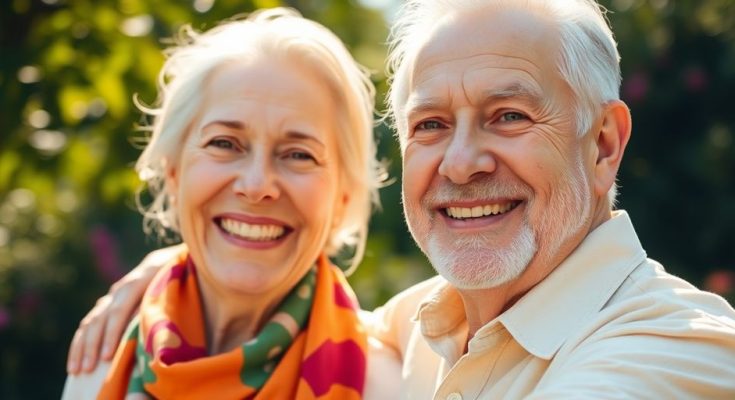 Couple senior souriant célébrant l'été en plein air