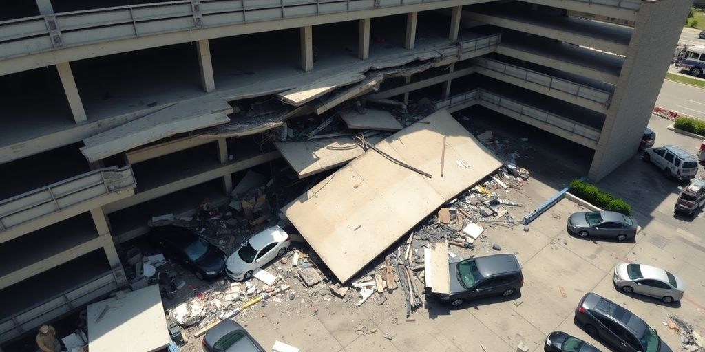 Vue aérienne du parking effondré, voitures endommagées, décombres partout.