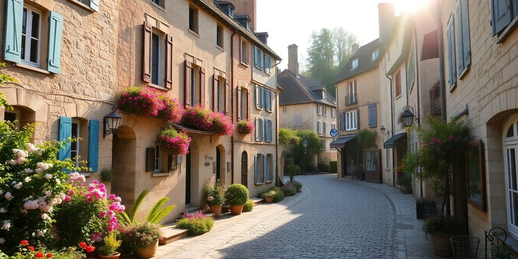 Village français pittoresque fleuri, soleil couchant.
