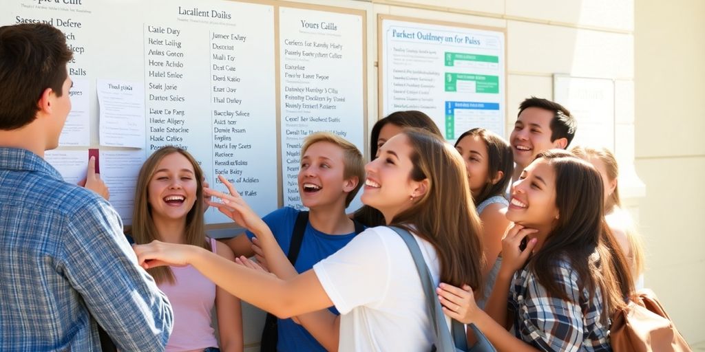 Adolescents heureux regardant les résultats du baccalauréat.