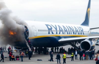 Avion en feu, passagers s'échappant par les toboggans.