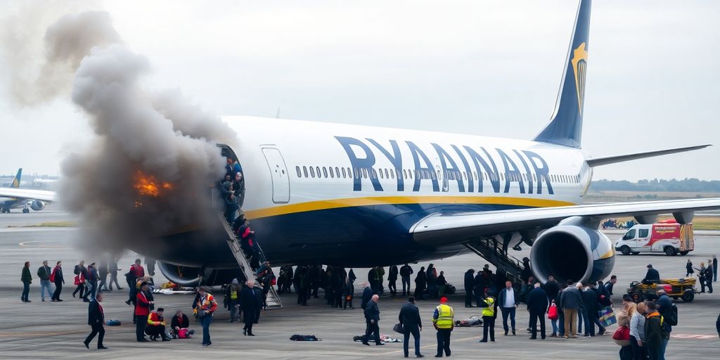 Avion en feu, passagers s'échappant par les toboggans.