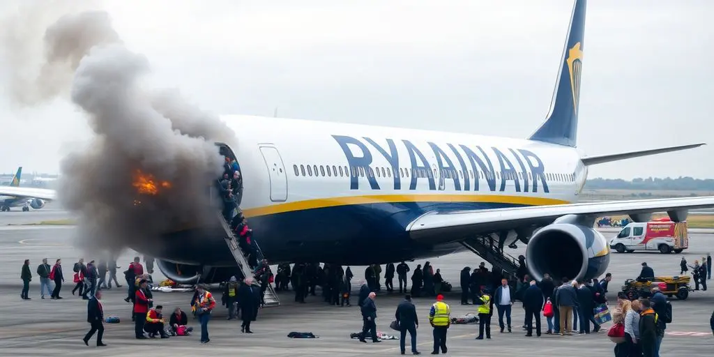 Avion en feu, passagers s'échappant par les toboggans.