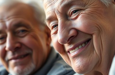 Personnes âgées souriantes, lumière chaude, couleurs douces.