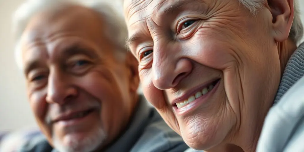 Personnes âgées souriantes, lumière chaude, couleurs douces.