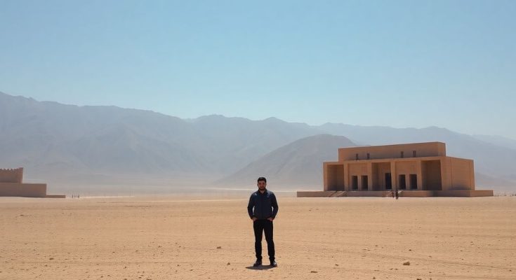 Paysage iranien avec montagnes et architecture perse.