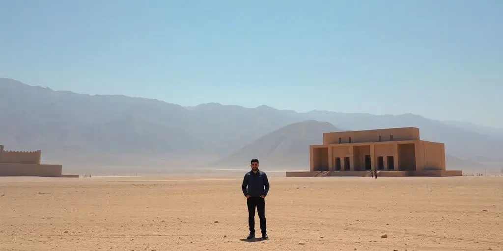 Paysage iranien avec montagnes et architecture perse.