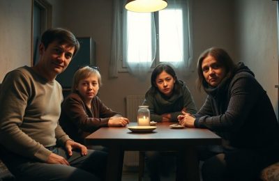 Famille française démunie, regards las, dans un appartement sombre.