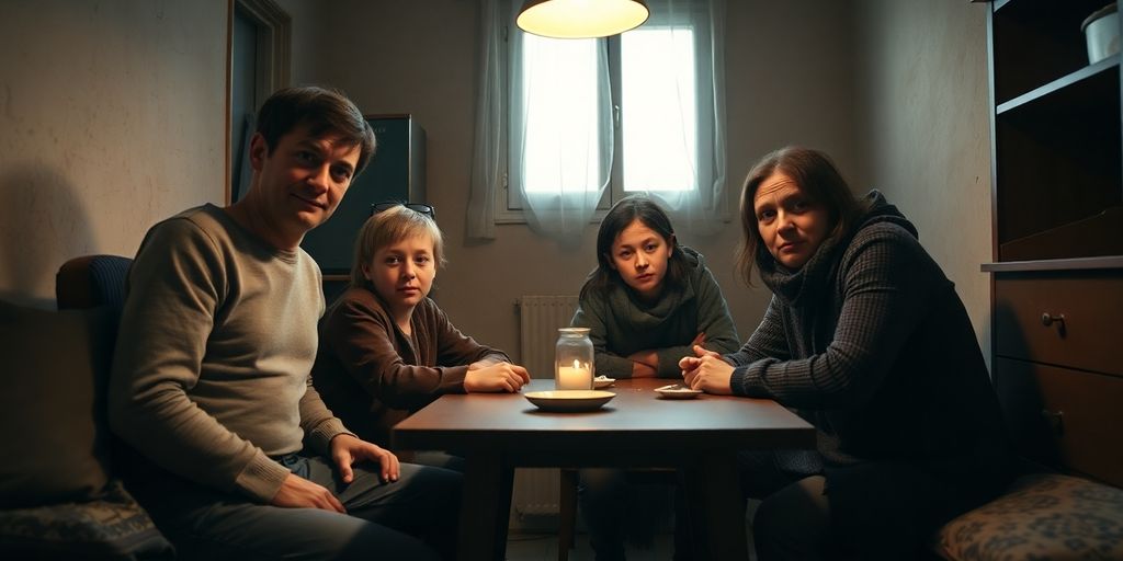 Famille française démunie, regards las, dans un appartement sombre.