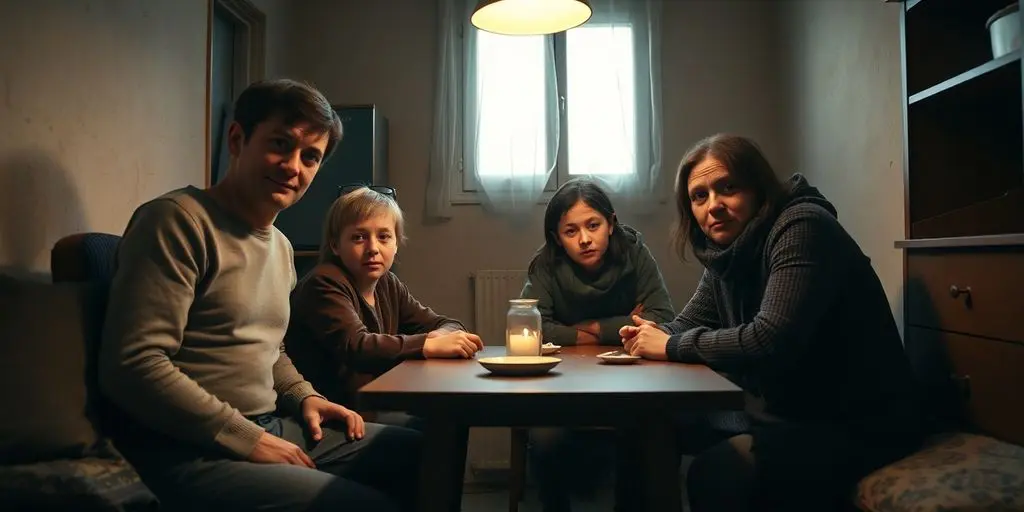 Famille française démunie, regards las, dans un appartement sombre.