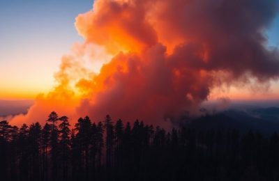 Forêt en feu, flammes intenses, fumée noire épaisse.