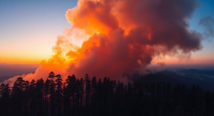 Forêt en feu, flammes intenses, fumée noire épaisse.