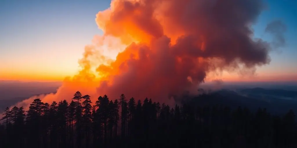 Forêt en feu, flammes intenses, fumée noire épaisse.