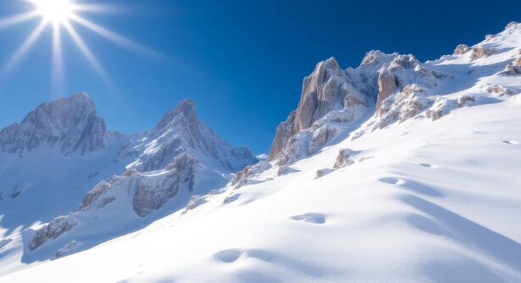 Sommet alpin enneigé en juillet avec ciel bleu