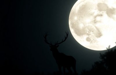 Pleine lune brillante avec un cerf au premier plan.
