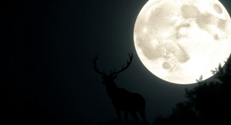 Pleine lune brillante avec un cerf au premier plan.