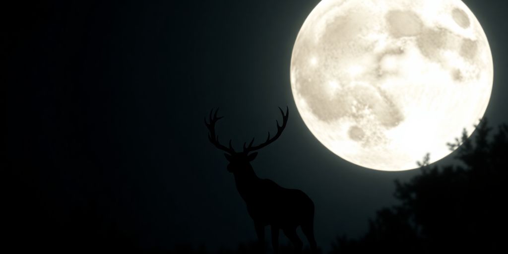 Pleine lune brillante avec un cerf au premier plan.