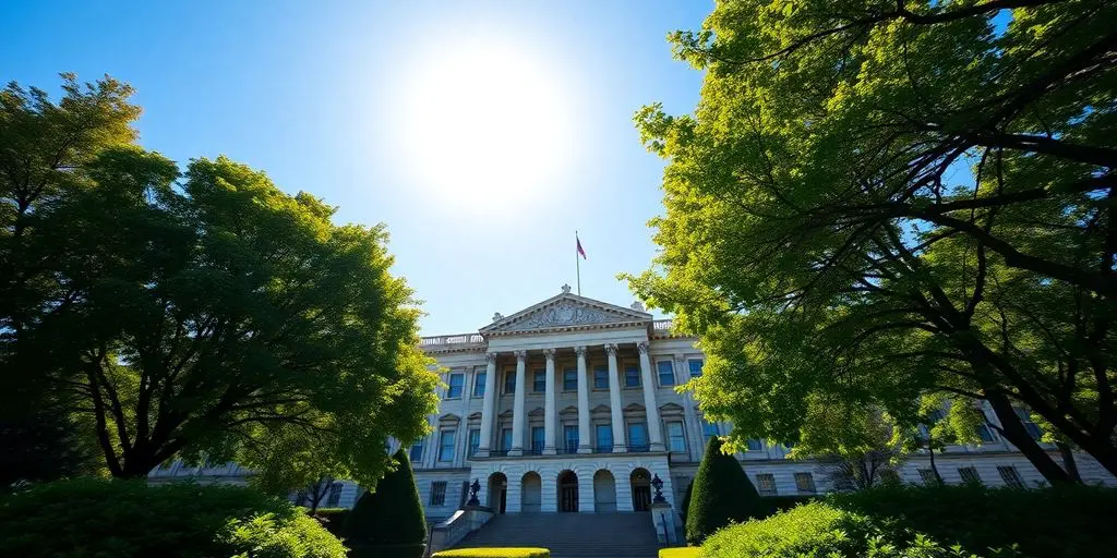 Bâtiment parlementaire, arbres verts, ciel bleu.