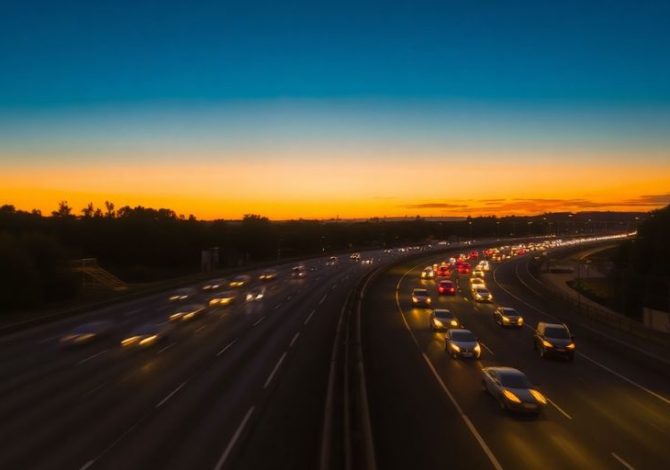 Voitures sur autoroute, soleil couchant
