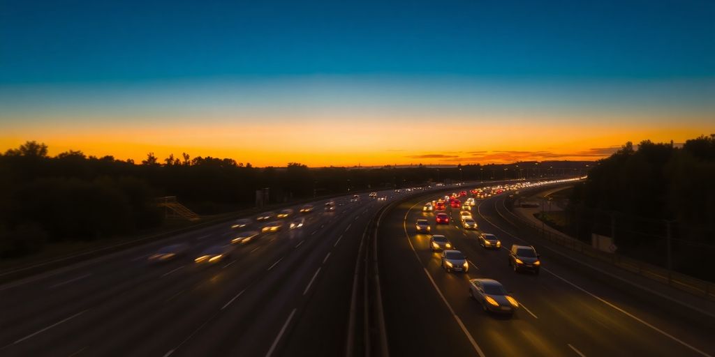 Voitures sur autoroute, soleil couchant