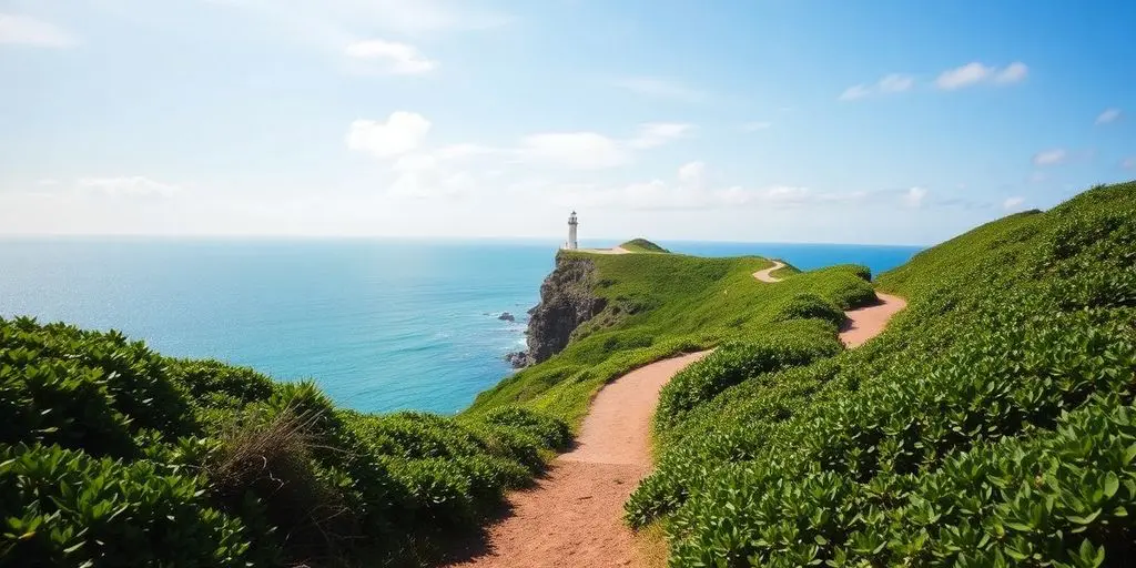 Sentier côtier, phare, mer et ciel bretons