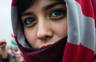Femme iranienne voilée, regard déterminé, foule en arrière-plan.