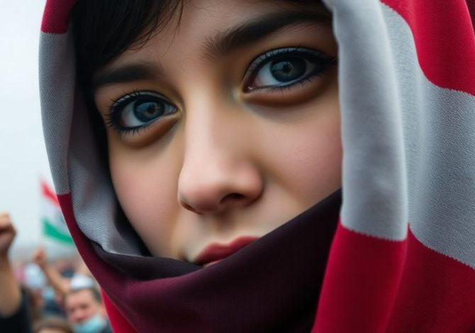Femme iranienne voilée, regard déterminé, foule en arrière-plan.