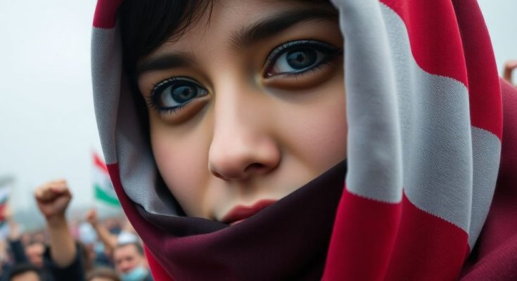 Femme iranienne voilée, regard déterminé, foule en arrière-plan.