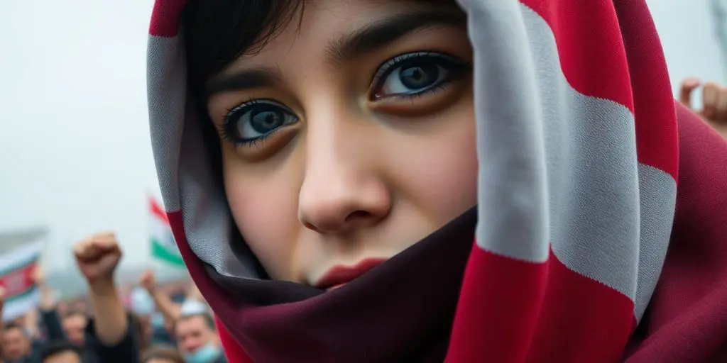 Femme iranienne voilée, regard déterminé, foule en arrière-plan.