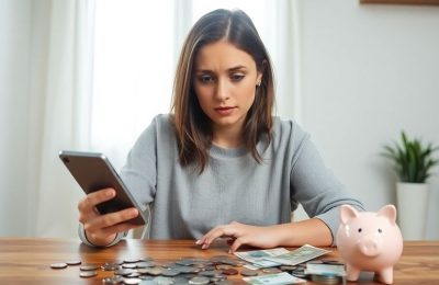 Femme inquiète regardant des pièces d'euros sur une table boisée
