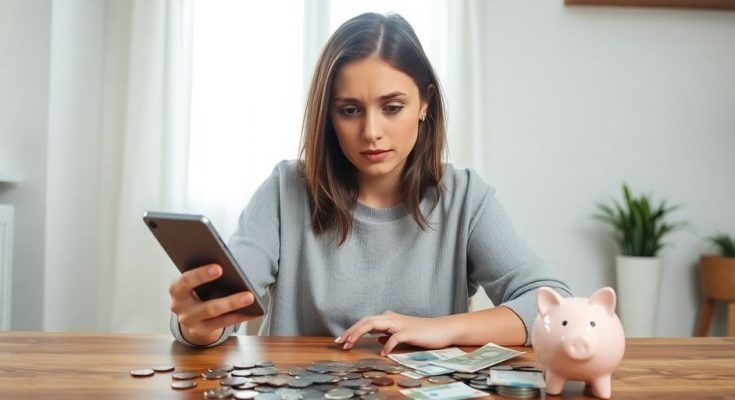 Femme inquiète regardant des pièces d'euros sur une table boisée